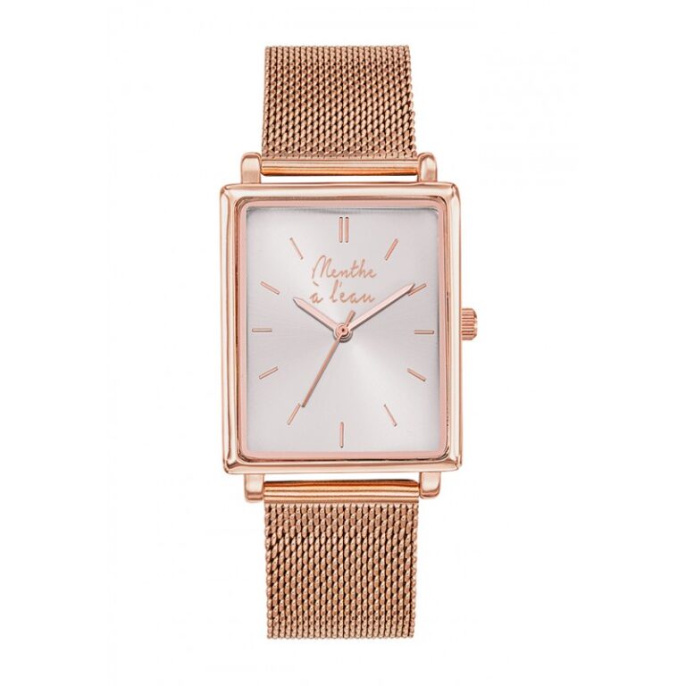 Menthe à l'eau - Montre Femme La Rectangle maille dorée rose fond blanc