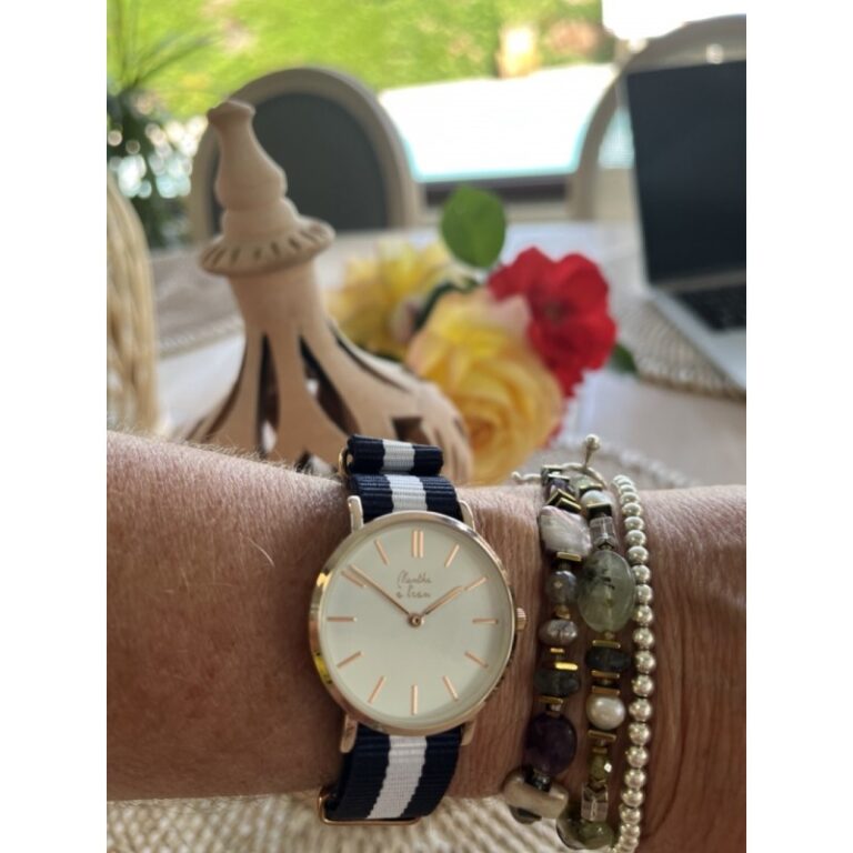 Menthe à l'eau - Montre Femme La Résistante bracelet nato bleu/blanc rose dorée – Blanc