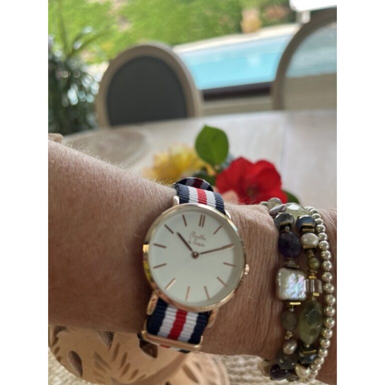 Menthe à l'eau - Montre Femme La Résistante bracelet nato bleu/blanc/rouge fine rose dorée – Rouge