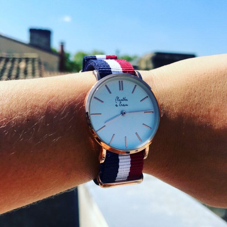 Menthe à l'eau - Montre Femme La Résistante bracelet nato bleu/blanc/rouge rose dorée – Bleu
