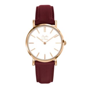 Montre Femme La Véritable bracelet cuir bordeaux fond blanc rose dorée par la marque Menthe à l’eau Menthe à l’eau - Montre Femme La Véritable bracelet cuir bordeaux fond blanc rose dorée