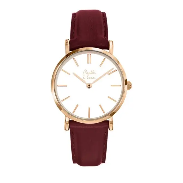 Menthe à l’eau - Montre Femme La Véritable bracelet cuir bordeaux fond blanc rose dorée