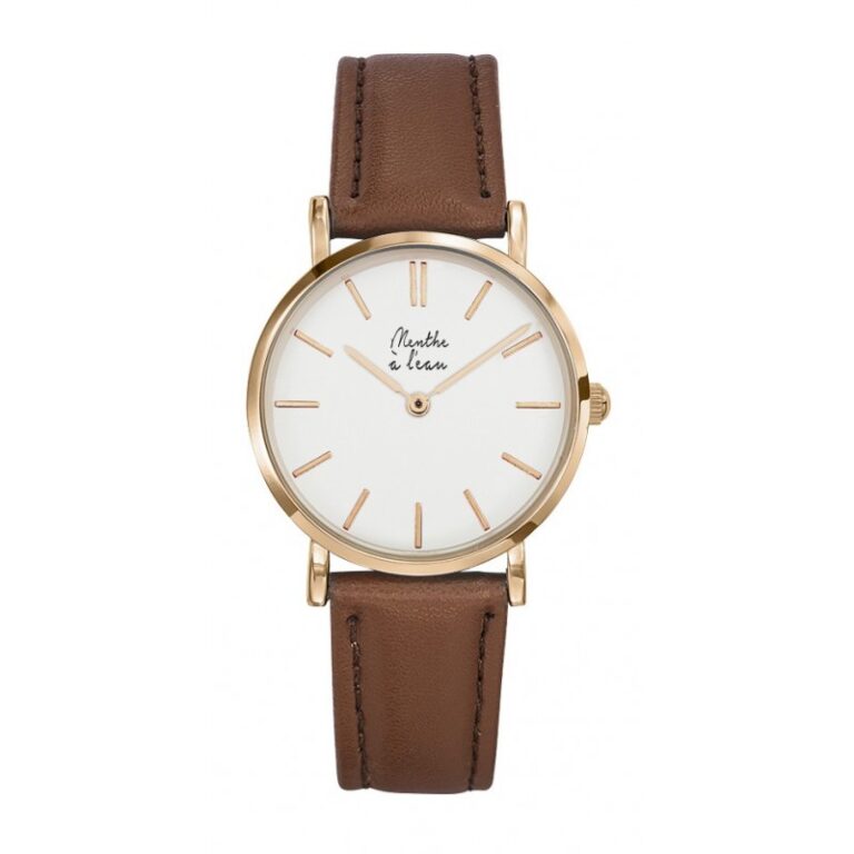 Menthe à l'eau - Montre Femme La Véritable bracelet cuir camel fond blanc rose dorée