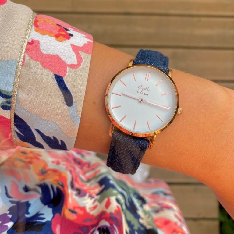 Menthe à l'eau - Montre Femme La Véritable bracelet cuir jeans fond blanc rose dorée – Bleu