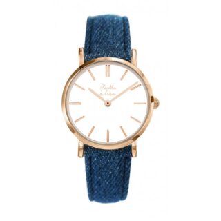 Montre Femme La Véritable bracelet cuir jeans fond blanc rose dorée par la marque Menthe à l’eau Menthe à l’eau - Montre Femme La Véritable bracelet cuir jeans fond blanc rose dorée