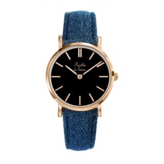 Menthe à l’eau - Montre Femme La Véritable bracelet cuir jeans fond noir rose dorée