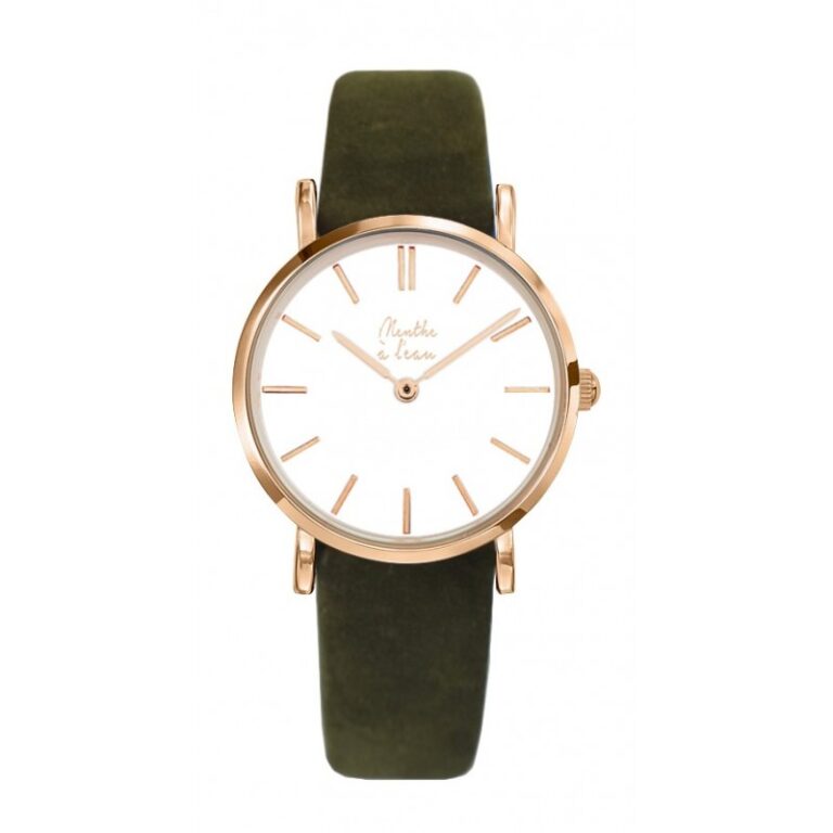 montre femme la veritable bracelet cuir kaki fond blanc rose doree Menthe à l'eau - Montre Femme La Véritable bracelet cuir kaki fond blanc rose dorée