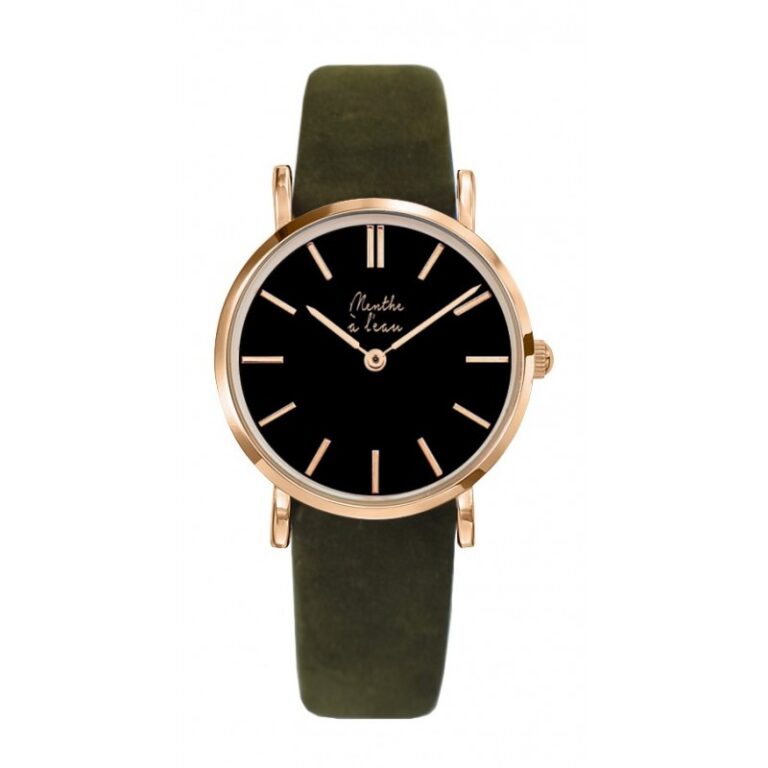 Menthe à l'eau - Montre Femme La Véritable bracelet cuir kaki fond noir rose dorée