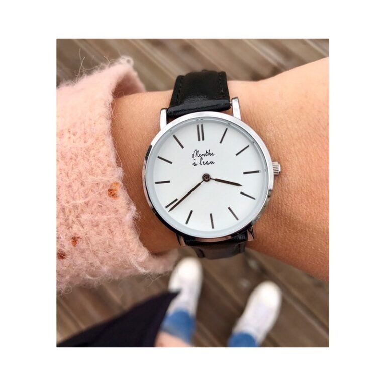Menthe à l'eau - Montre Femme La Véritable bracelet cuir noir fond blanc chromée – Noir