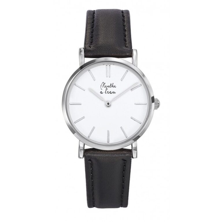 Menthe à l'eau - Montre Femme La Véritable bracelet cuir noir fond blanc chromée
