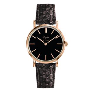 Menthe à l’eau - Montre Femme La Véritable bracelet cuir python gris fond noir rose