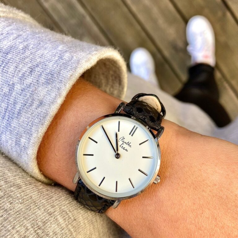 Menthe à l'eau - Montre Femme La Véritable bracelet cuir python noir fond blanc chromée – Noir