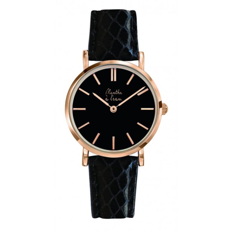 Menthe à l'eau - Montre Femme La Véritable bracelet cuir python noir fond noir rose