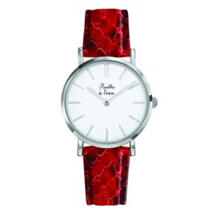 Montre Femme La Véritable bracelet cuir python rouge fond blanc chromée par la marque Menthe à l’eau Menthe à l’eau - Montre Femme La Véritable bracelet cuir python rouge fond blanc chromée