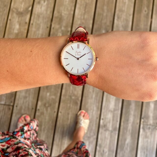 Menthe à l'eau - Montre Femme La Véritable bracelet cuir python rouge fond blanc rose