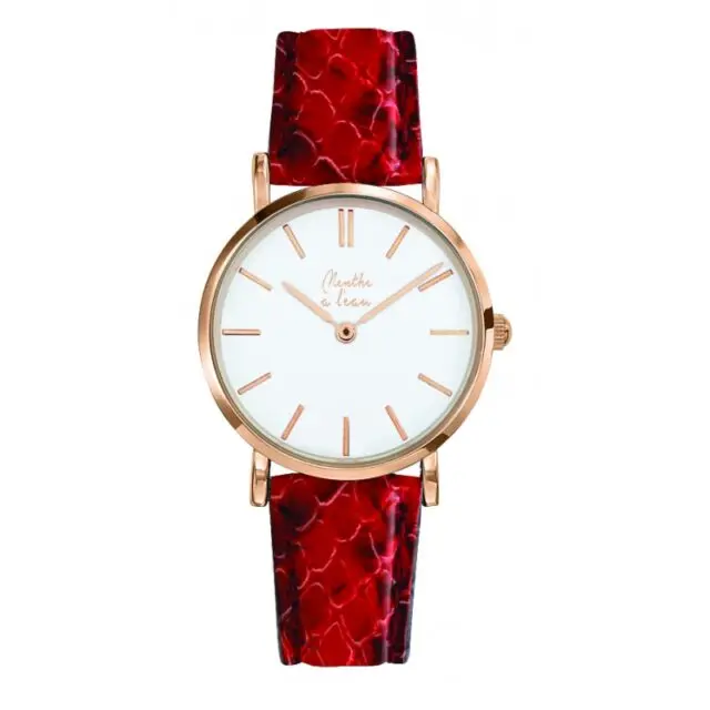 Menthe à l’eau - Montre Femme La Véritable bracelet cuir python rouge fond blanc rose
