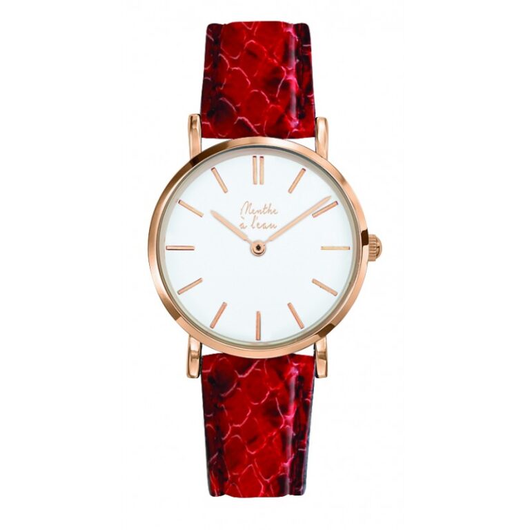 Menthe à l'eau - Montre Femme La Véritable bracelet cuir python rouge fond blanc rose