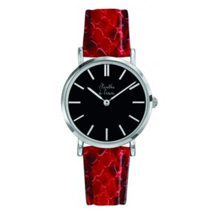 Montre Femme La Véritable bracelet cuir python rouge fond noir chromée par la marque Menthe à l’eau Menthe à l’eau - Montre Femme La Véritable bracelet cuir python rouge fond noir chromée