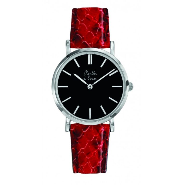 Menthe à l'eau - Montre Femme La Véritable bracelet cuir python rouge fond noir chromée