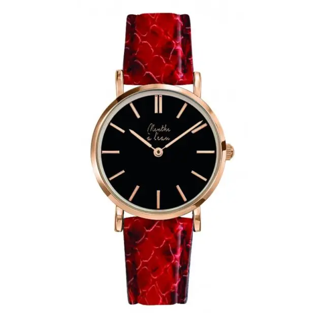 Menthe à l’eau - Montre Femme La Véritable bracelet cuir python rouge fond noir rose
