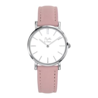 Menthe à l’eau - Montre Femme La Véritable bracelet cuir Rose pastel fond blanc chromée