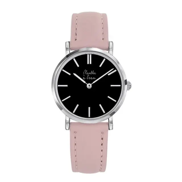 Menthe à l’eau - Montre Femme La Véritable bracelet cuir rose pastel fond noir chromée