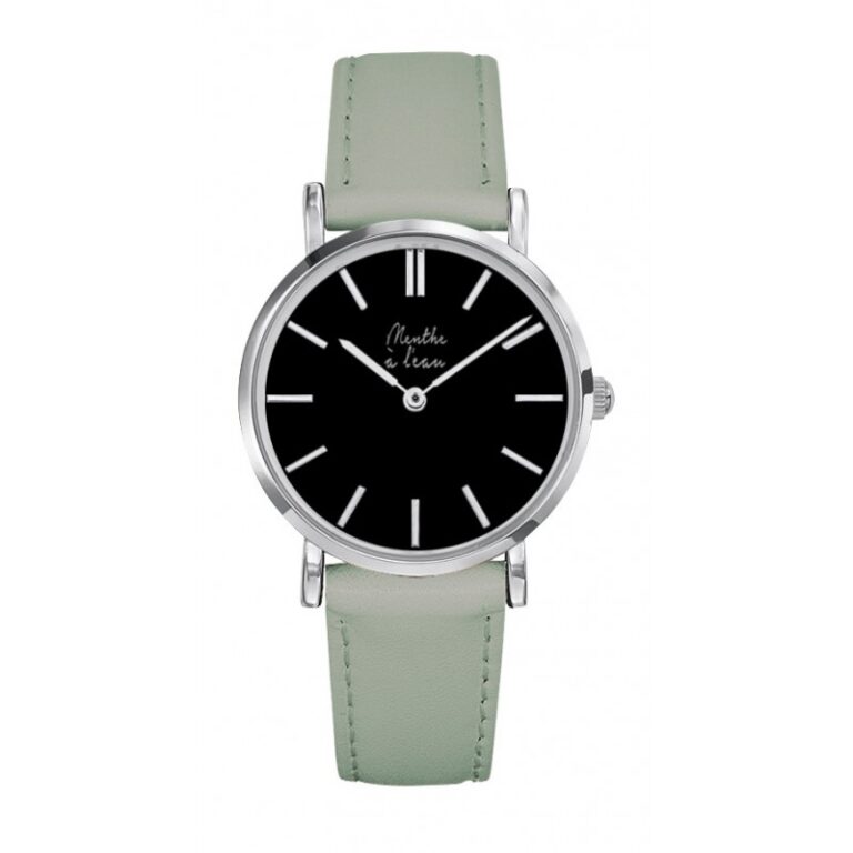 Menthe à l'eau - Montre Femme La Véritable bracelet cuir vert d'eau fond noir chromée