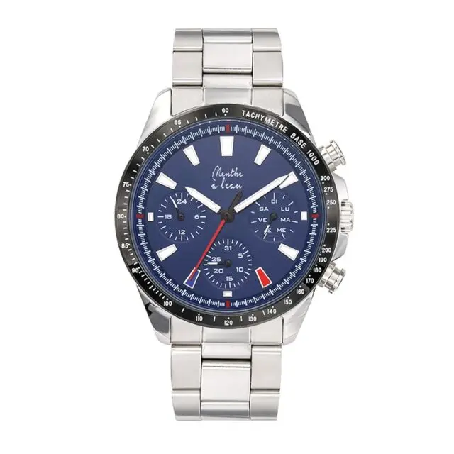 Menthe à l’eau - Montre Homme L’Équinoxe bracelet Acier chromé fond bleu