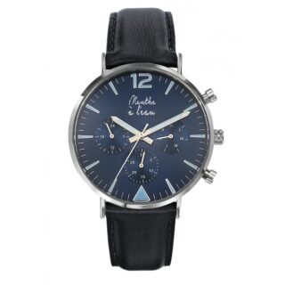Menthe à l’eau - Montre Homme La Précise bracelet cuir noir fond bleu chromée