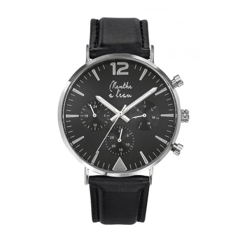 Menthe à l'eau - Montre Homme La Précise bracelet cuir noir fond noir chromée