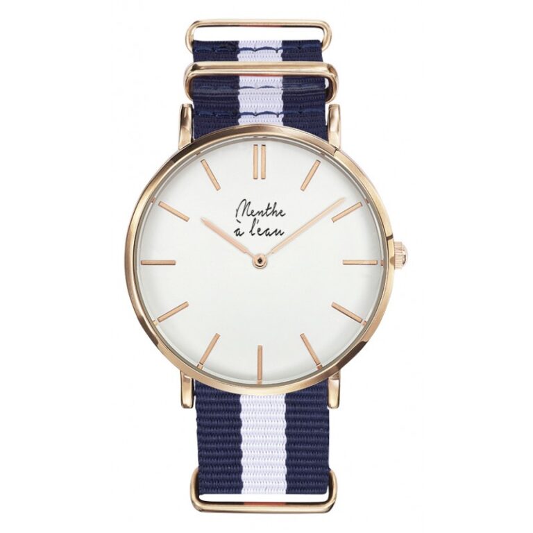 Menthe à l'eau - Montre Homme La Résistante bracelet nato bleu/blanc rose dorée