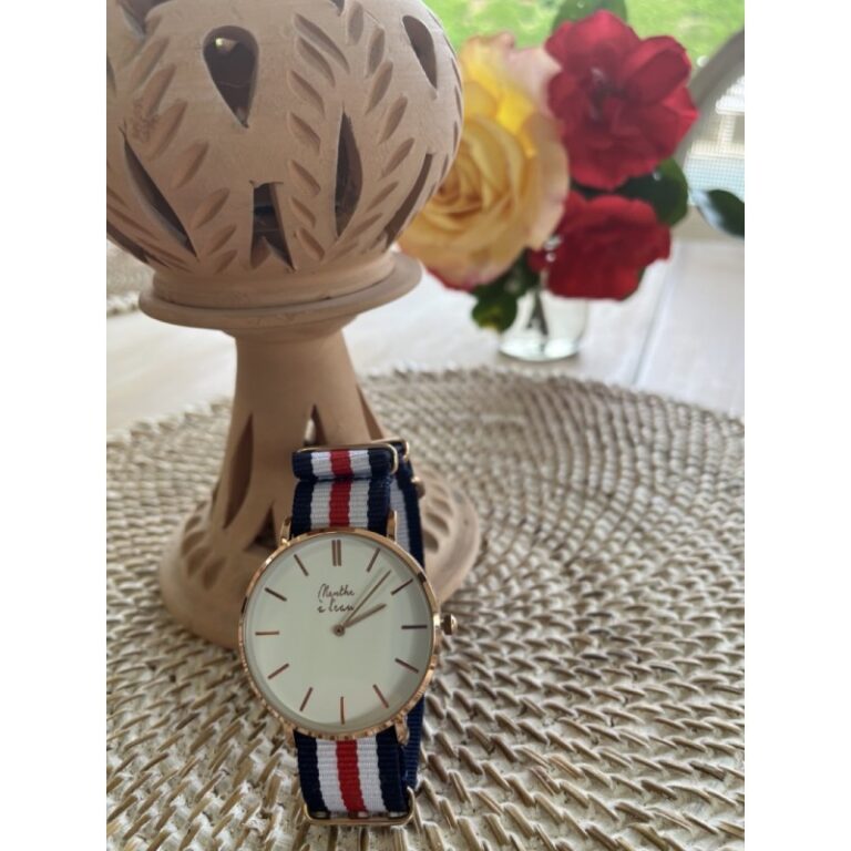 Menthe à l'eau - Montre Homme La Résistante bracelet nato bleu/blanc/rouge fine rose dorée – Bleu
