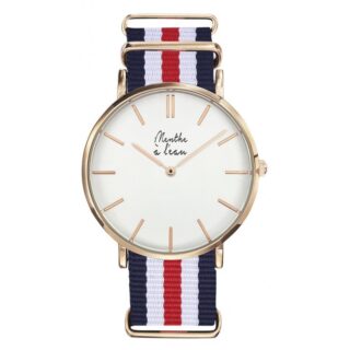 Menthe à l’eau - Montre Homme La Résistante bracelet nato bleu/blanc/rouge fine rose dorée
