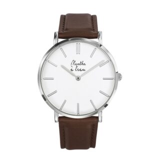 Menthe à l’eau - Montre Homme La Véritable bracelet cuir Marron fond blanc chromée