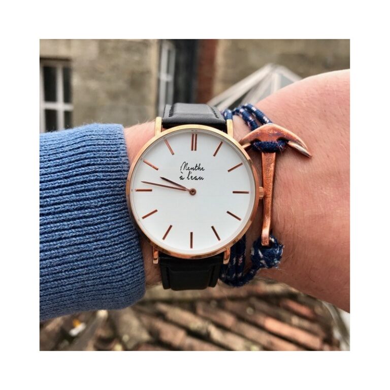 Menthe à l'eau - Montre Homme La Véritable bracelet cuir noir fond blanc rose dorée – Noir