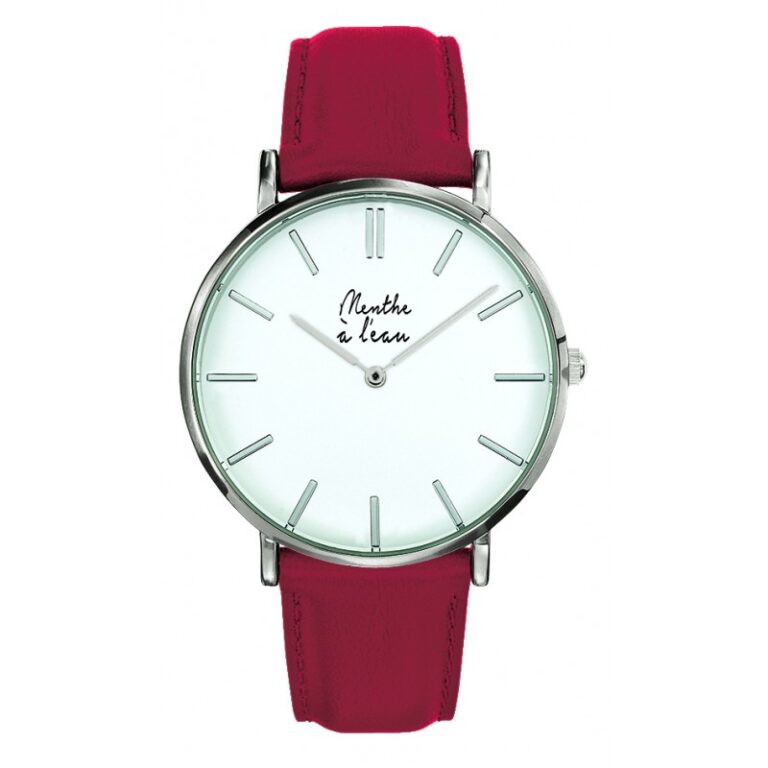 Menthe à l'eau - Montre Homme La Véritable bracelet cuir rouge fond blanc chromée