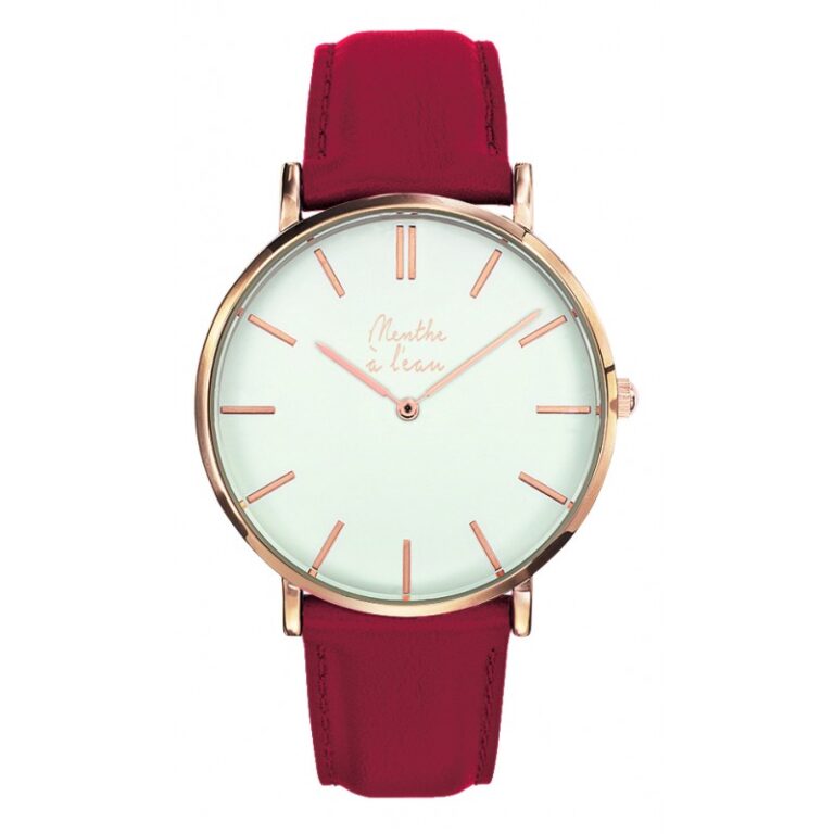 Menthe à l'eau - Montre Homme La Véritable bracelet cuir rouge fond blanc rose dorée
