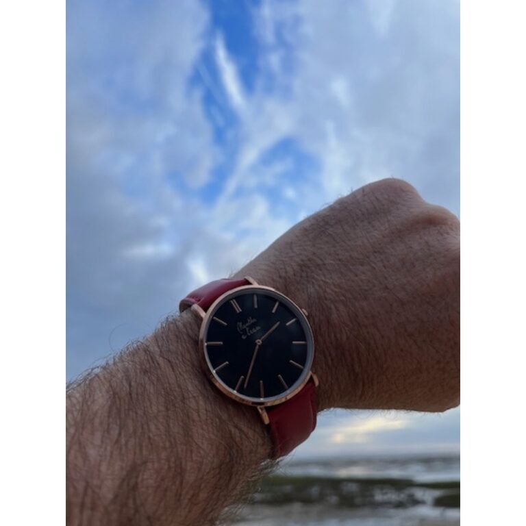 Menthe à l'eau - Montre Homme La Véritable bracelet cuir rouge fond noir rose dorée – Rouge