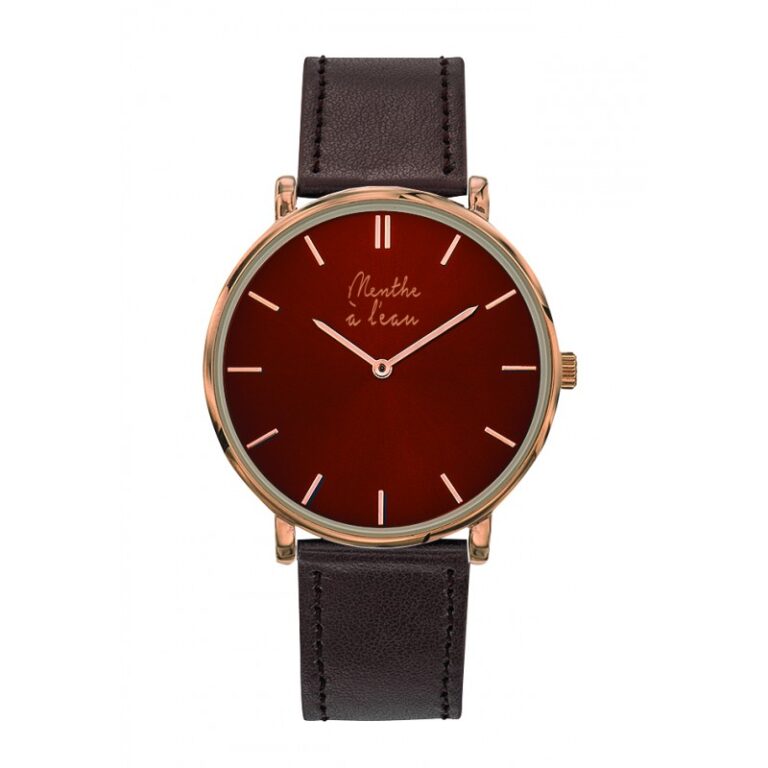 Menthe à l'eau - Montre Mixte L'Indécise bracelet façon cuir marron fond rouge rose d