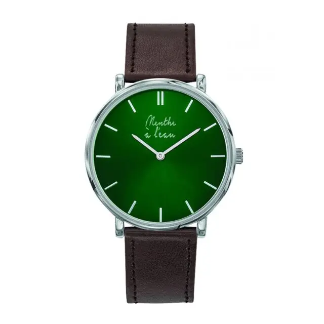 Menthe à l’eau - Montre Mixte L’Indécise bracelet façon cuir marron fond vert chromée