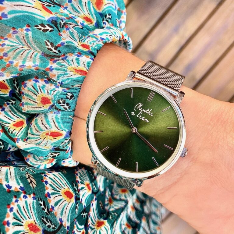 Menthe à l'eau - Montre Mixte L'Indécise maille chromée fond vert – Gris