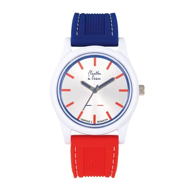 Menthe à l’eau - Montre Mixte La Tricolore boitier blanc bracelet silicone bleu rouge