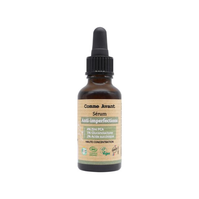 Comme Avant - Sérum Anti-Imperfections Bio 30ml - Régule le Sébum - Atténue Taches & Rougeurs - Zinc PCA - Gluconolactone - Acide succinique - Fabriqué en France