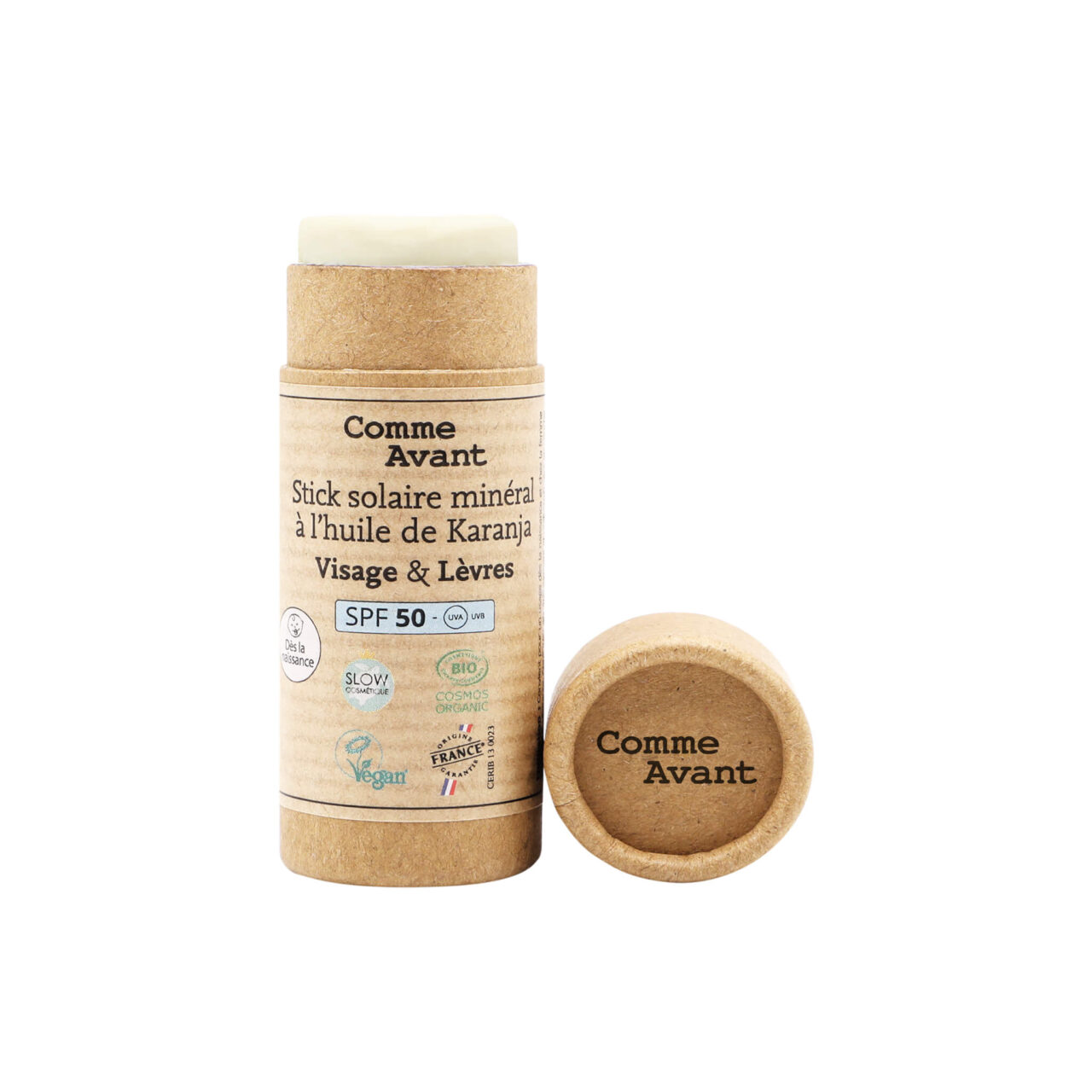 stick solaire spf50 packshot produit Comme Avant - Stick solaire SPF50 minéral solide à l'huile de karanja - Version 3 – 1 stick solaire - 25g