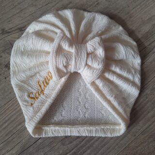 La Fabrique À DeDeuh - Turban bonnet prénom brodé en tissu maille de coton façon tricot jacquard nœud, buns ou simple personnalisable 9 couleurs