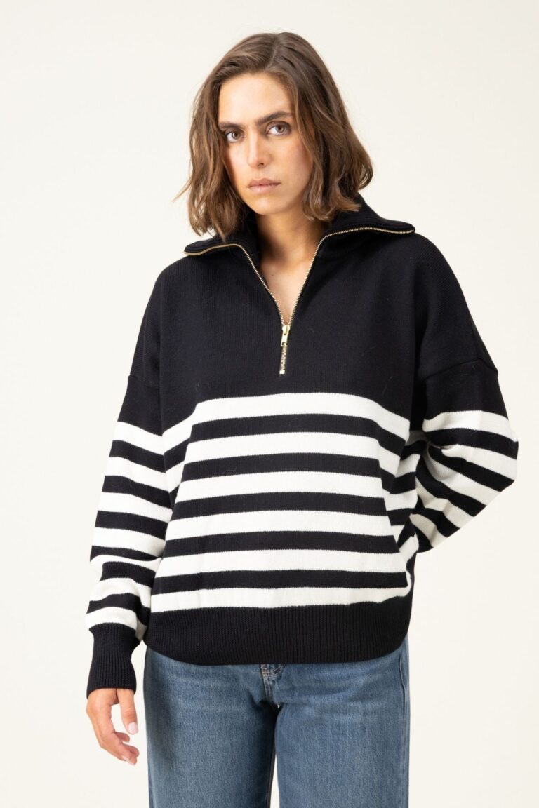 AIDACOLZIPNOIRBLANC NewView2 RAW 10 Tricots Jean Marc - Pull Aïda col zippé