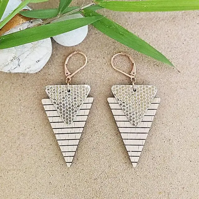 Reine Mère - Collection Marinière – Boucles d’oreilles en bois et en cuir – Gold