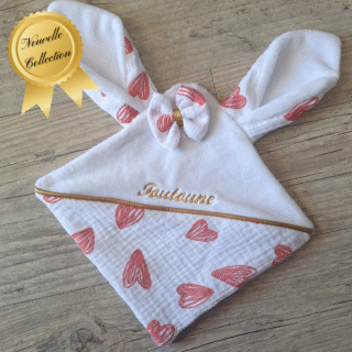 La Fabrique À DeDeuh - EDITION LIMITÉE: Doudou lapin COEUR personnalisé 20x20cm avec Prénom et/ou Date de naissance gaze de coton et minky
