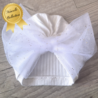 Turban Bonnet Bébé en Jersey de Coton – Grand Nœud en Tulle Pailleté – Fait Main & Oeko-Tex par la marque La Fabrique À DeDeuh La Fabrique À DeDeuh - Turban Bonnet Bébé en Jersey de Coton – Grand Nœud en Tulle Pailleté – Fait Main & Oeko-Tex