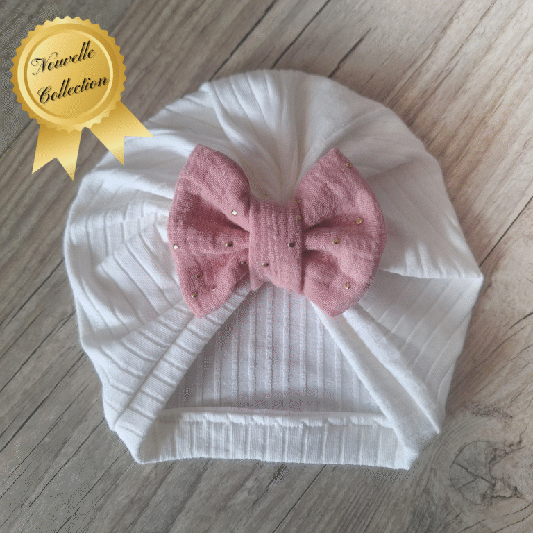 La Fabrique A DeDeuh - Turban Bonnet Bébé en Jersey de Coton – Nœud gaze de coton pois dorés – Fait Main & Oeko-Tex